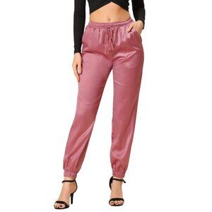 Allegra K High Waisted Drawstring Ankle Length Satin Pants Pink